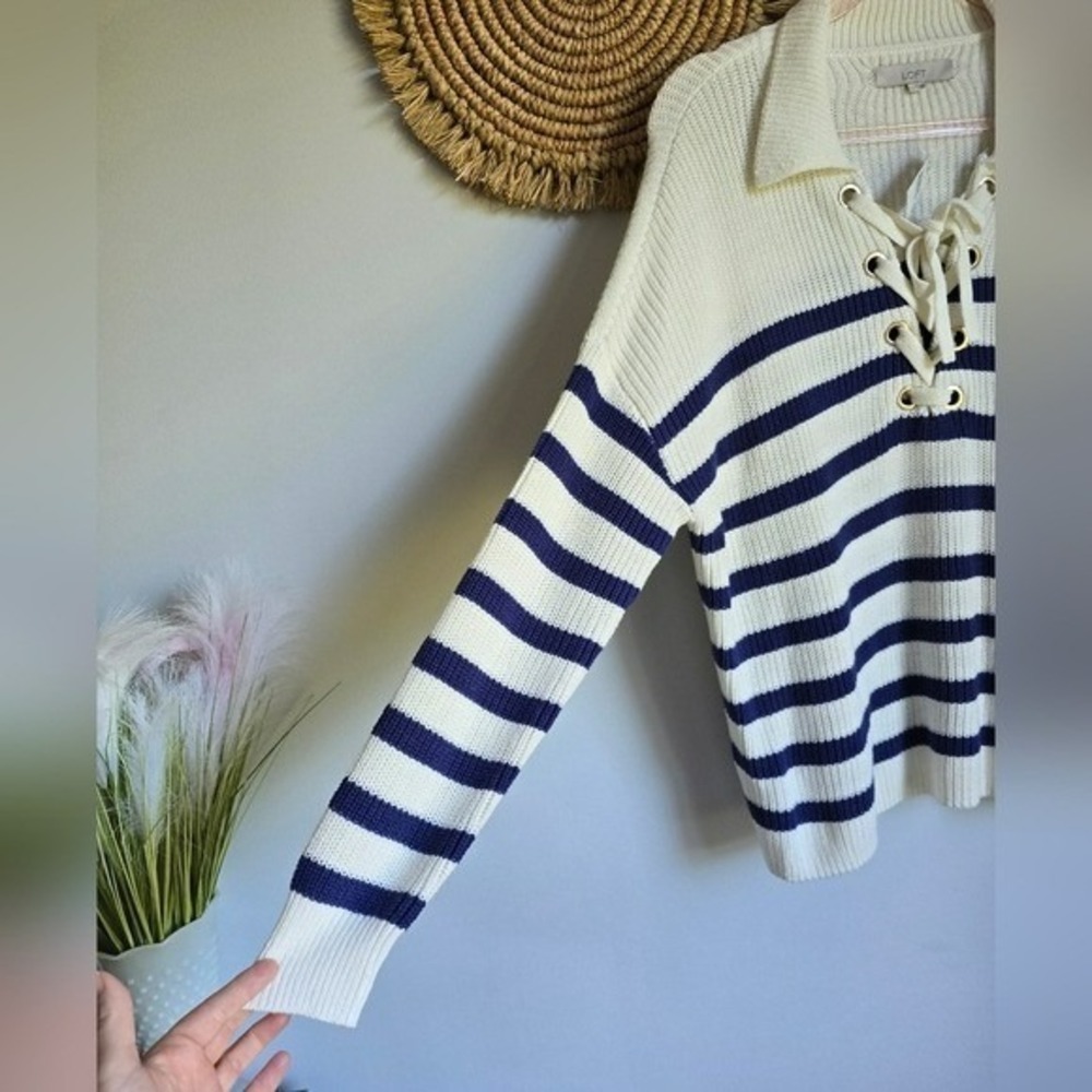 Ann Taylor Loft NEW Striped Lace Up Polo Sweater Navy White Nautical SZ Large - Picture 5 of 11